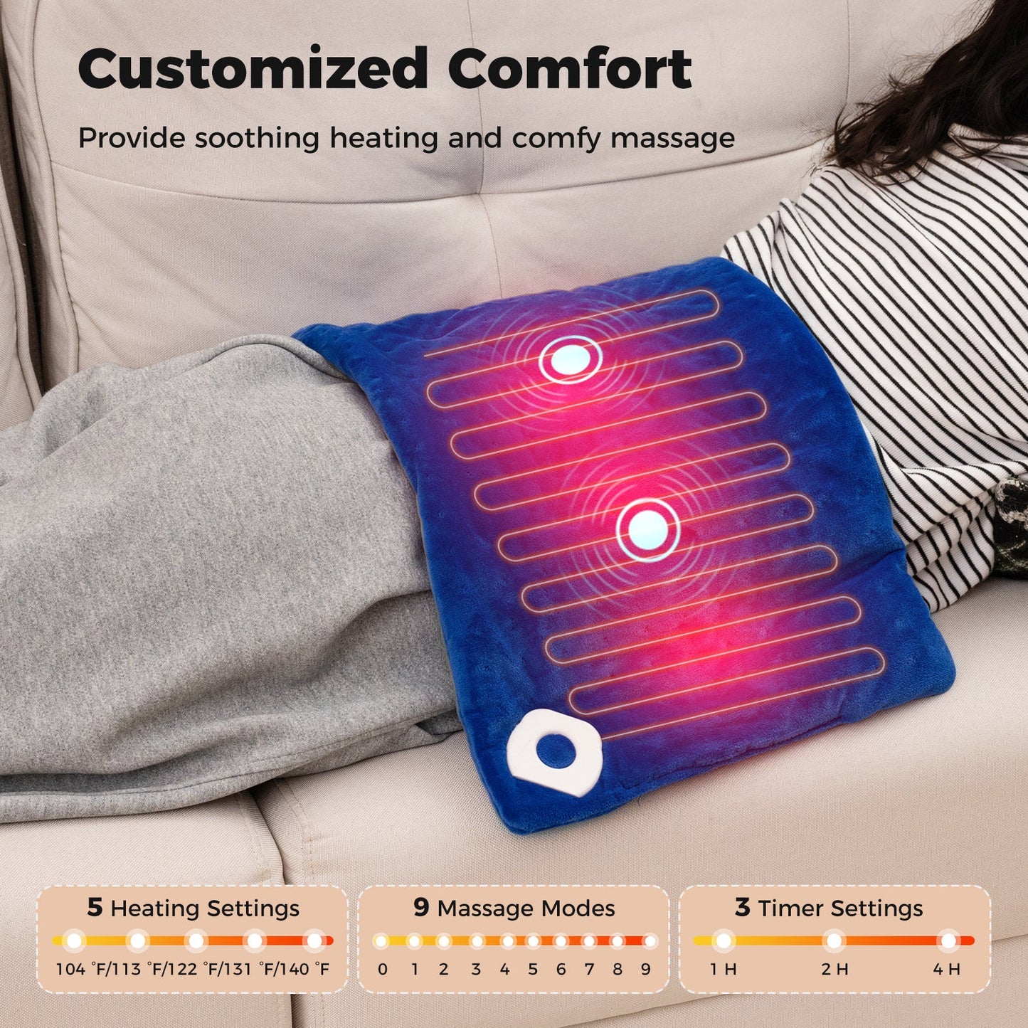 Weighted Heating Pad Electric Heated Pad with 2 Massagers Massaging Vibration-Blue
