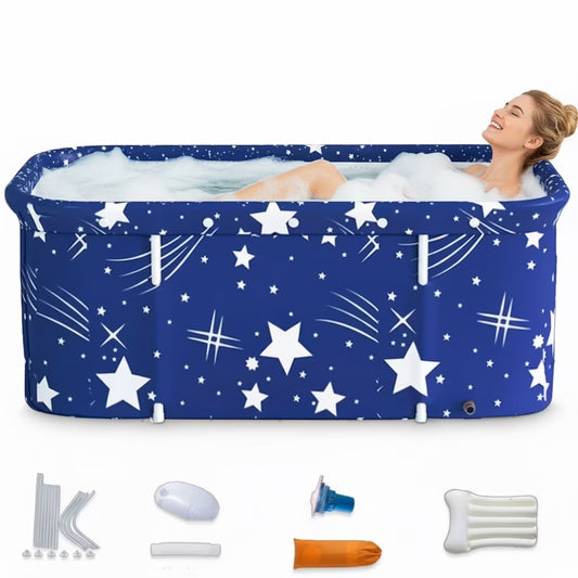 55In Portable Folding Bathtub for Bathroom, Hot Ice Bath Tub for 2 Person , Blue White